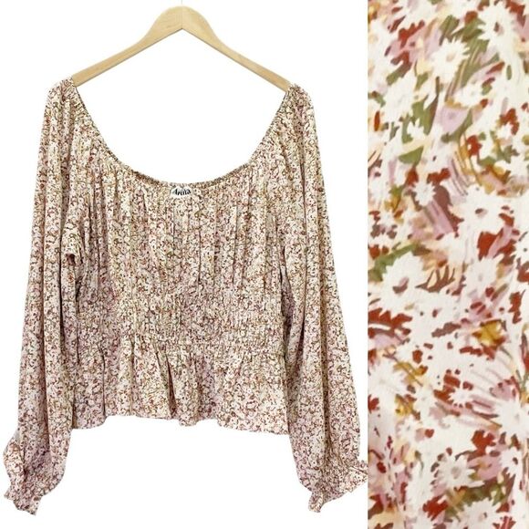 Arula Top Autumn Floral Long Sleeve Babydoll Blouse Taupe Rust Plus Size B | 2X - Picture 1 of 12